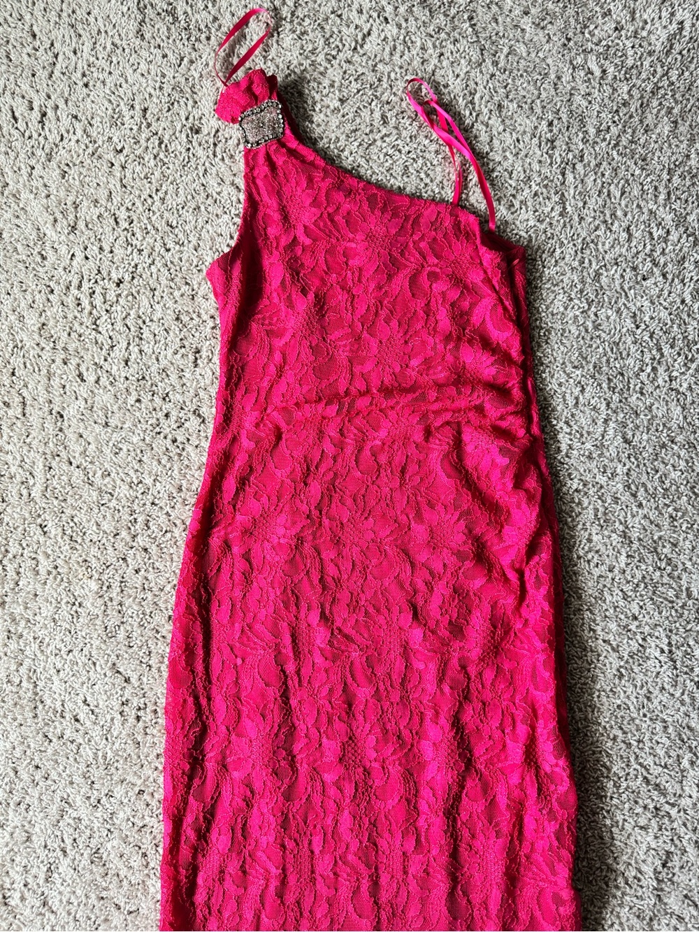 Adrianna Papell Hot Pink One-Shoulder Lace Dress with Jewel Buckle